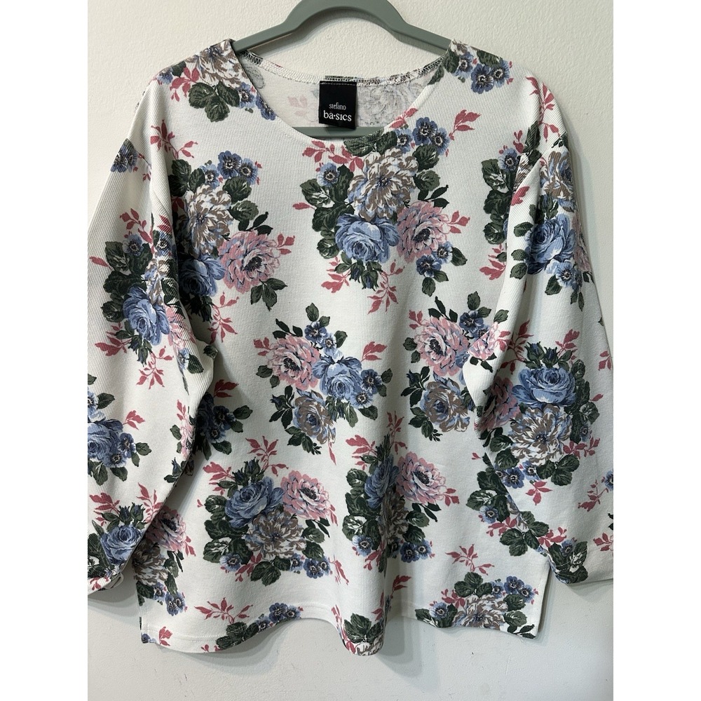 Vtg 90s Stefano Basics Floral Waffle Knit Thermal Top Womens 22W 24W Made USA⁠